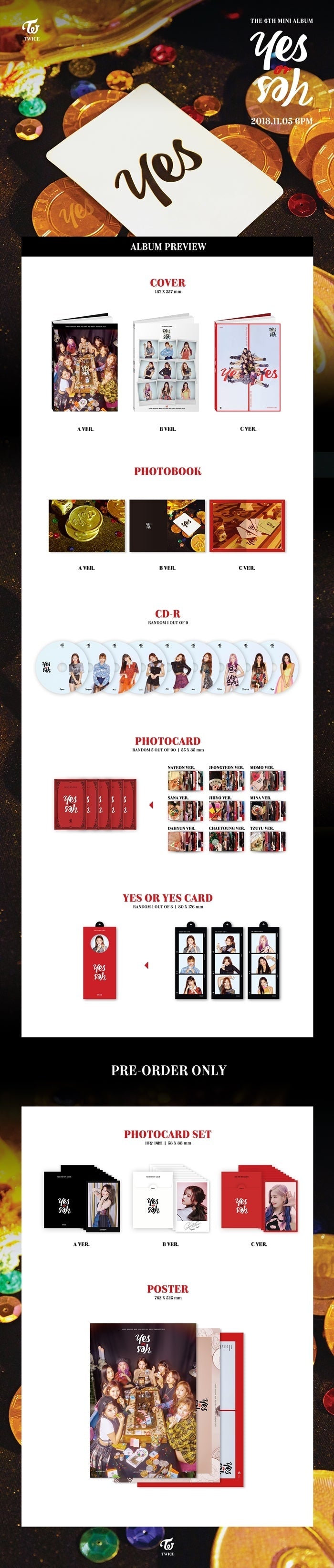 1 CD
1 Photo Book
5 Photo Cards (random out of 90 types)
1 YES OR YES Card (random out of 3 types)