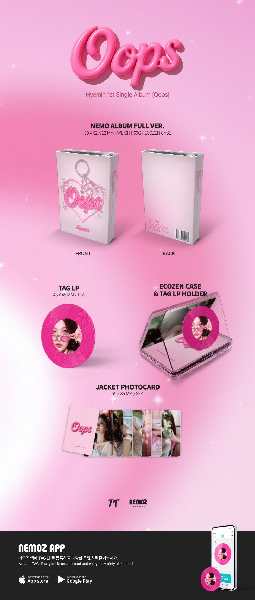 ■ Product Introduction / Album Specifications · Ecozen Sleeve Case: 62*90*12mm · TAG LP (NFC): 45*45mm · Set of 8 Official...