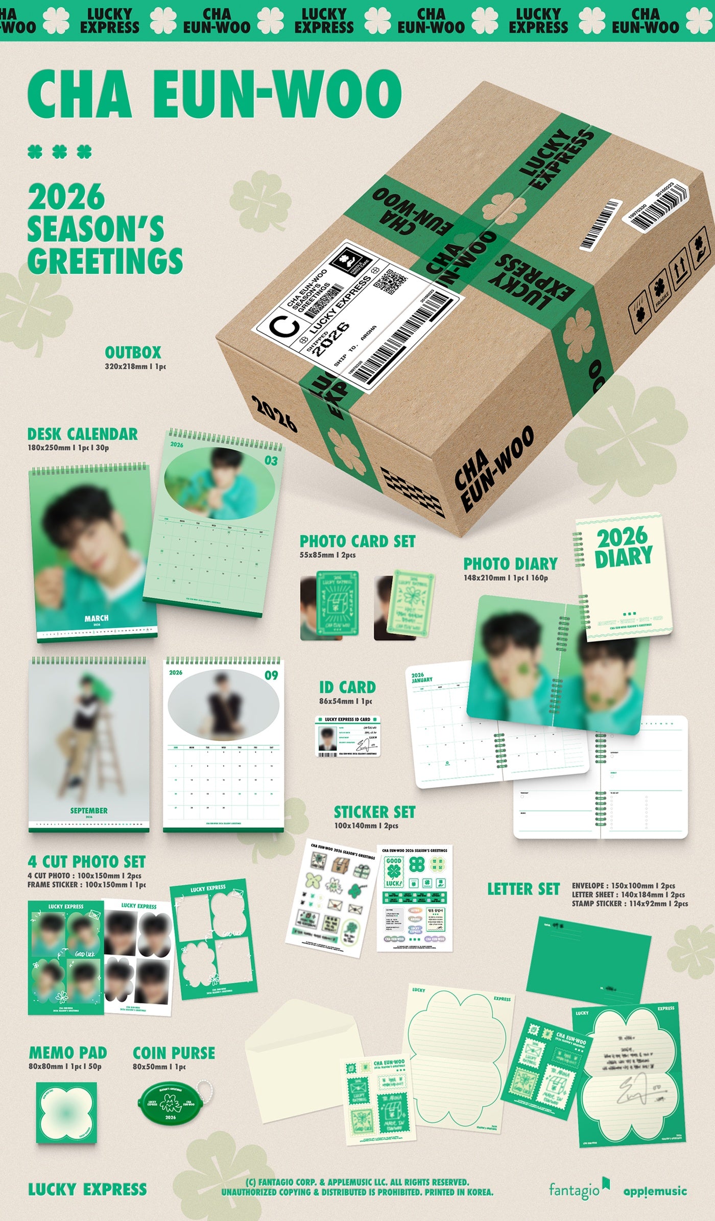01. OUT BOX: 320x218mm 02. DESK CALENDAR: 180x250mm, 1pc (30p) 03. PHOTO DIARY: 148x210mm, 1pc (160p) 04. PHOTO CARD SET: ...