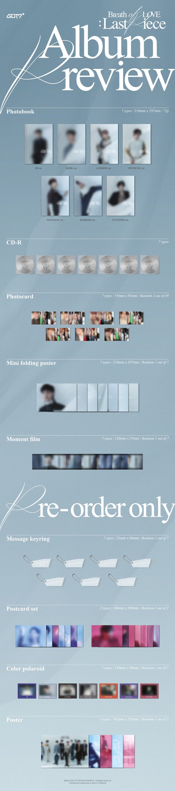 1 CD
1 Photo Book (72 pages)
2 Photo Cards
1 Mini Folding Poster
1 Moment Film