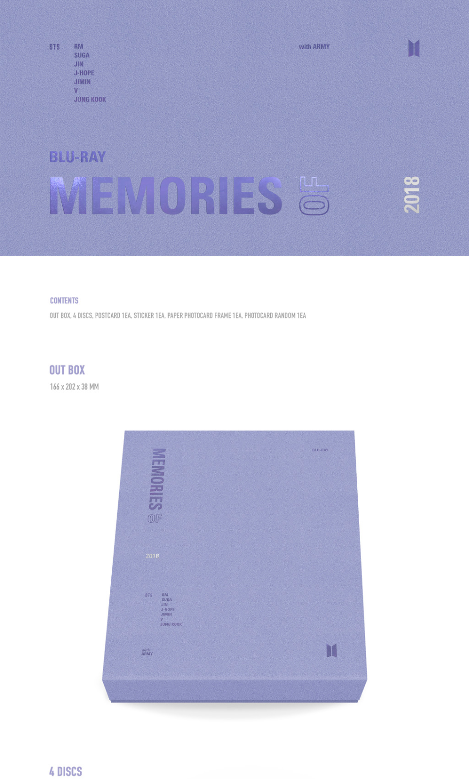 BTS 'Memories Of 2018' 4 BLU-RAY Discs+1p PostCard+1p Sticker+1p