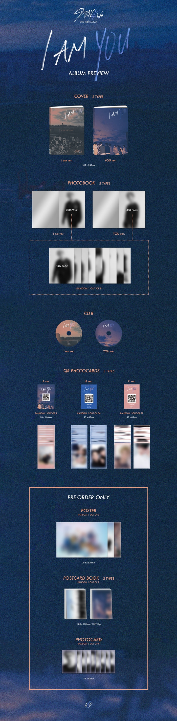 1 CD
1 Photobook
3 QR Photo Cards (3 types, random out of 9, 36, and 27 types respectively)