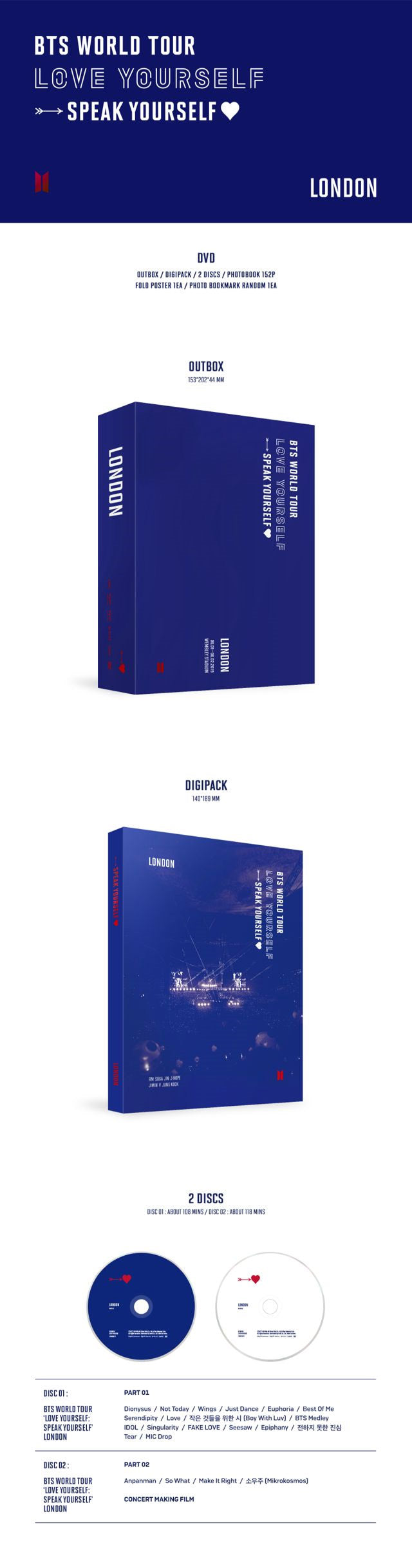 BTS World Tour Love Yourself : Speak Yourself London DVD 2Disc+152p  PhotoBook+1p Fold Poster On Pack+1p Photo Bookmark+Message PhotoCard  SET+Tracking