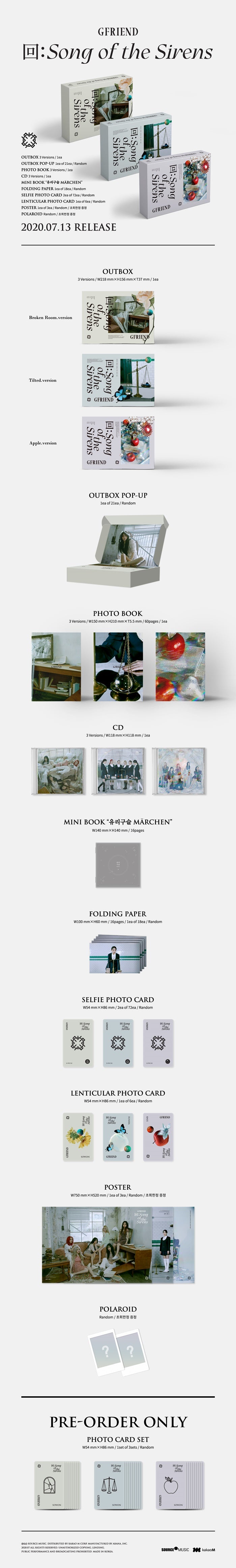 1 CD
1 Photo Book (60 pages)
1 Mini Book (16 pages)
1 Folding Paper (16 pages, random out of 18 types)
2 Selfie Photo Card...