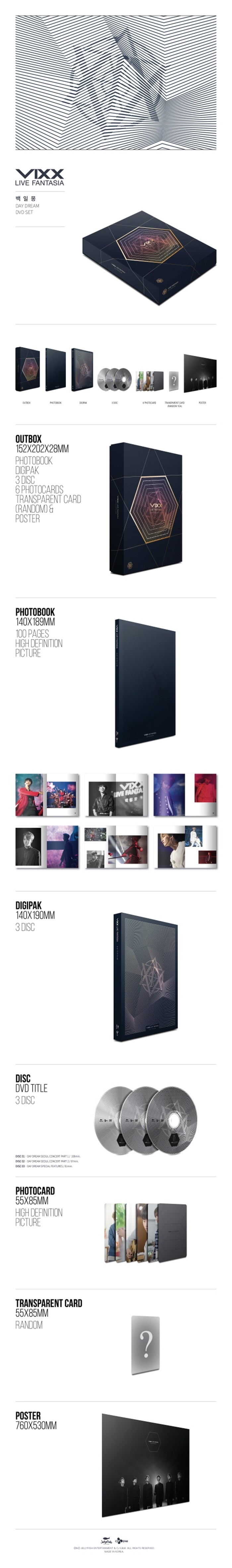 3 DVDs
1 Photo Book (100 pages)
6 Photo Cards
1 Transparent Card