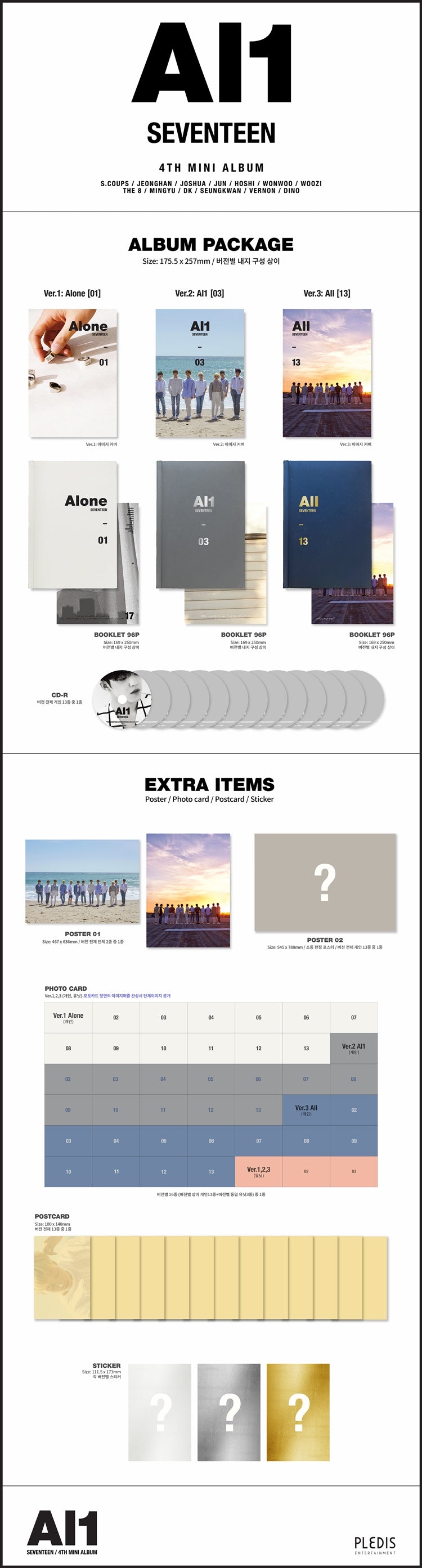 1 CD
1 Booklet (96 pages)
1 Photo Card (random out of 16 typees)
1 Postcard (random out fo 13 types)
1 Sticker